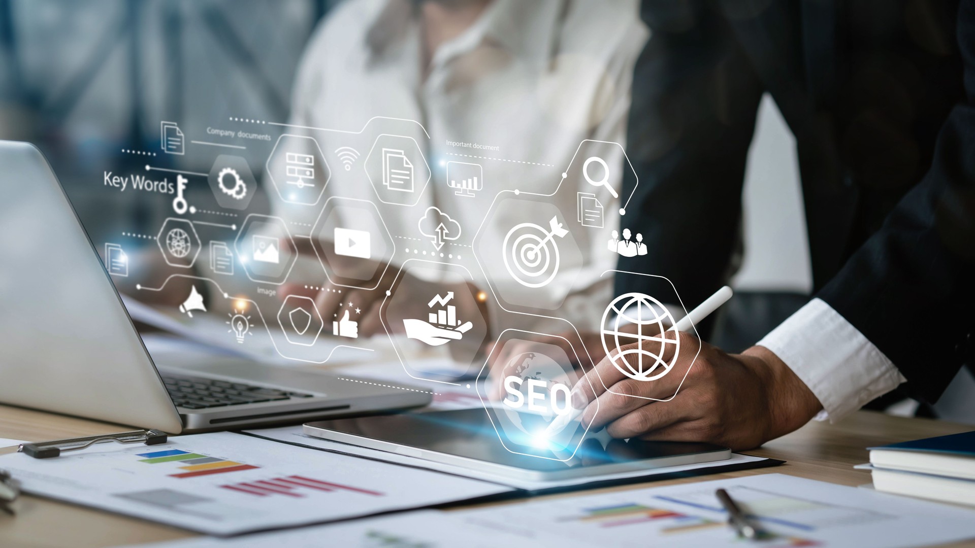 Two business IT professionals manage search engine optimization: SEO with social media content and website ads, processing, banners with copy space.